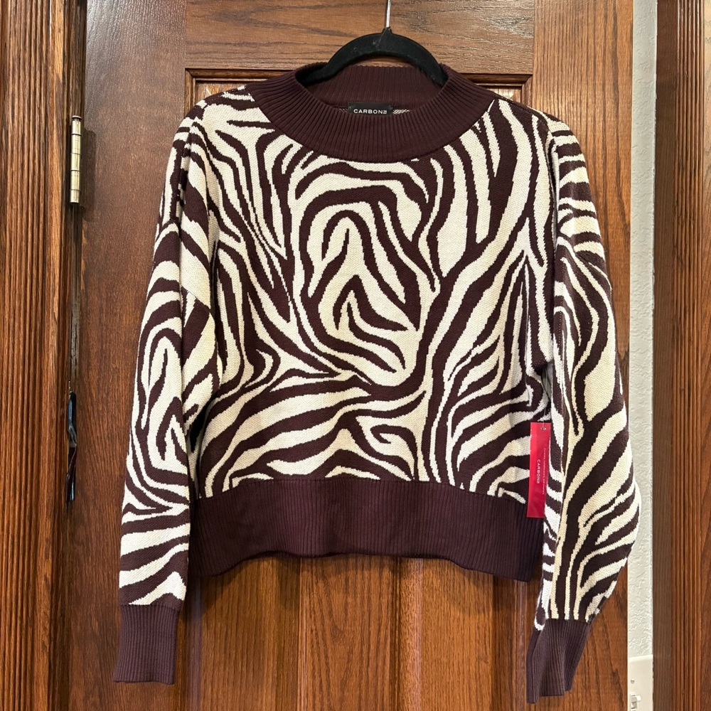 Carbon38 NWT $128 Zebra Print Crewneck Knit Sweater Brown & Cream S P2P 21-23” - Picture 4 of 12